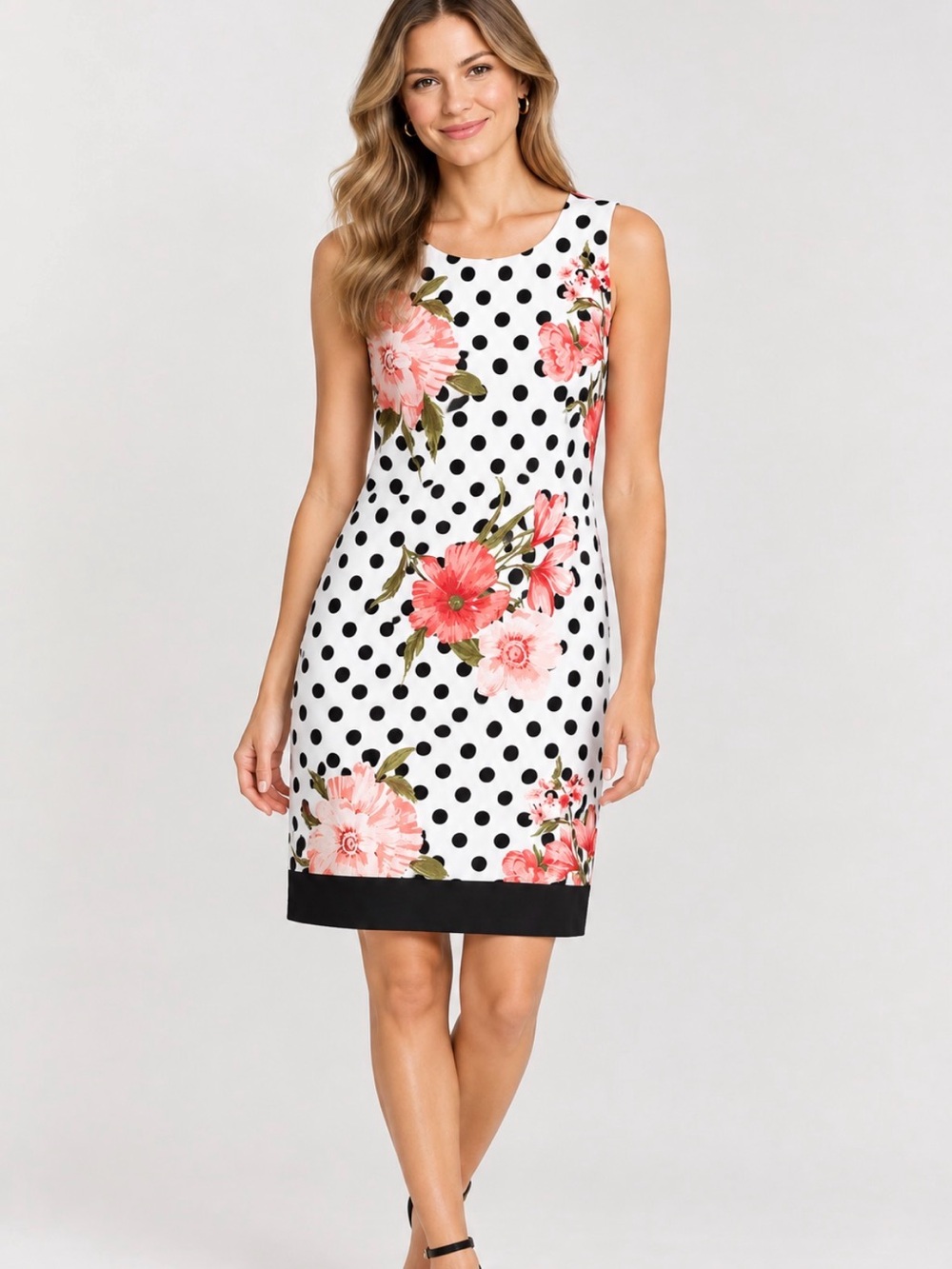 AGB White Polka Dot Midi Dress with Pink Floral Accents Size 6